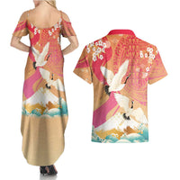 Hawaiian and Japanese Culture Together Couples Matching Summer Maxi Dress and Hawaiian Shirt Kakau Art Tattoo with Cranes and Sakura Spring Vibe - Polynesian Pride