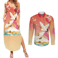 Hawaiian and Japanese Culture Together Couples Matching Summer Maxi Dress and Long Sleeve Button Shirt Kakau Art Tattoo with Cranes and Sakura Spring Vibe - Polynesian Pride