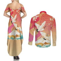 Hawaiian and Japanese Culture Together Couples Matching Summer Maxi Dress and Long Sleeve Button Shirt Kakau Art Tattoo with Cranes and Sakura Spring Vibe - Polynesian Pride