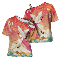 Hawaiian and Japanese Culture Together Cross Shoulder Shirt Kakau Art Tattoo with Cranes and Sakura Spring Vibe - Polynesian Pride