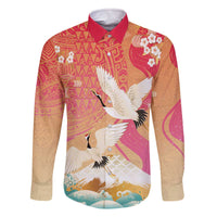 Hawaiian and Japanese Culture Together Family Matching Off The Shoulder Long Sleeve Dress and Hawaiian Shirt Kakau Art Tattoo with Cranes and Sakura Spring Vibe - Polynesian Pride