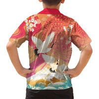 Hawaiian and Japanese Culture Together Family Matching Off Shoulder Short Dress and Hawaiian Shirt Kakau Art Tattoo with Cranes and Sakura Spring Vibe - Polynesian Pride