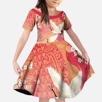 Hawaiian and Japanese Culture Together Family Matching Off Shoulder Short Dress and Hawaiian Shirt Kakau Art Tattoo with Cranes and Sakura Spring Vibe - Polynesian Pride