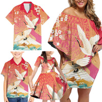 Hawaiian and Japanese Culture Together Family Matching Off Shoulder Short Dress and Hawaiian Shirt Kakau Art Tattoo with Cranes and Sakura Spring Vibe - Polynesian Pride