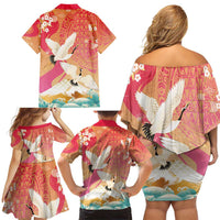 Hawaiian and Japanese Culture Together Family Matching Off Shoulder Short Dress and Hawaiian Shirt Kakau Art Tattoo with Cranes and Sakura Spring Vibe - Polynesian Pride