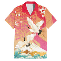 Hawaiian and Japanese Culture Together Family Matching Off Shoulder Short Dress and Hawaiian Shirt Kakau Art Tattoo with Cranes and Sakura Spring Vibe - Polynesian Pride