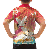Hawaiian and Japanese Culture Together Family Matching Short Sleeve Bodycon Dress and Hawaiian Shirt Kakau Art Tattoo with Cranes and Sakura Spring Vibe - Polynesian Pride