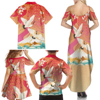 Hawaiian and Japanese Culture Together Family Matching Summer Maxi Dress and Hawaiian Shirt Kakau Art Tattoo with Cranes and Sakura Spring Vibe - Polynesian Pride
