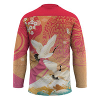 Hawaiian and Japanese Culture Together Hockey Jersey Kakau Art Tattoo with Cranes and Sakura Spring Vibe - Polynesian Pride