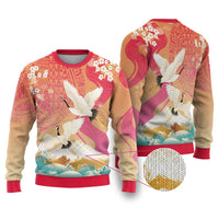 Hawaiian and Japanese Culture Together Ugly Christmas Sweater Kakau Art Tattoo with Cranes and Sakura Spring Vibe - Polynesian Pride