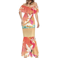 Hawaiian and Japanese Culture Together Mermaid Dress Kakau Art Tattoo with Cranes and Sakura Spring Vibe - Polynesian Pride