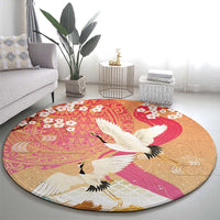 Hawaiian and Japanese Culture Together Round Carpet Kakau Art Tattoo with Cranes and Sakura Spring Vibe - Polynesian Pride