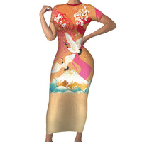 Hawaiian and Japanese Culture Together Short Sleeve Bodycon Dress Kakau Art Tattoo with Cranes and Sakura Spring Vibe LT03 Long Dress Multicolor - Polynesian Pride