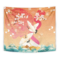 Hawaiian and Japanese Culture Together Tapestry Kakau Art Tattoo with Cranes and Sakura Spring Vibe - Polynesian Pride