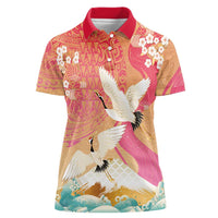 Hawaiian and Japanese Culture Together Women Polo Shirt Kakau Art Tattoo with Cranes and Sakura Spring Vibe - Polynesian Pride