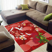 Hawaiian and Japanese Culture Together Area Rug Red Ohia Lehua Plumeria and Sakura Blooming - Polynesian Pride