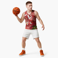 Hawaiian and Japanese Culture Together Basketball Jersey Red Ohia Lehua Plumeria and Sakura Blooming - Polynesian Pride