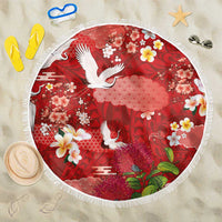 Hawaiian and Japanese Culture Together Beach Blanket Red Ohia Lehua Plumeria and Sakura Blooming - Polynesian Pride