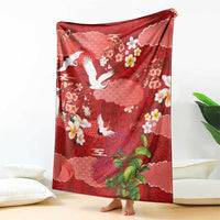 Hawaiian and Japanese Culture Together Blanket Red Ohia Lehua Plumeria and Sakura Blooming - Polynesian Pride