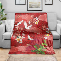 Hawaiian and Japanese Culture Together Blanket Red Ohia Lehua Plumeria and Sakura Blooming - Polynesian Pride
