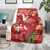 Hawaiian and Japanese Culture Together Blanket Red Ohia Lehua Plumeria and Sakura Blooming - Polynesian Pride