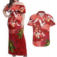 Hawaiian and Japanese Culture Together Couples Matching Off Shoulder Maxi Dress and Hawaiian Shirt Red Ohia Lehua Plumeria and Sakura Blooming - Polynesian Pride