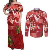 Hawaiian and Japanese Culture Together Couples Matching Off Shoulder Maxi Dress and Long Sleeve Button Shirt Red Ohia Lehua Plumeria and Sakura Blooming - Polynesian Pride