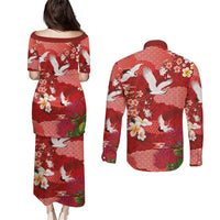 Hawaiian and Japanese Culture Together Couples Matching Puletasi and Long Sleeve Button Shirt Red Ohia Lehua Plumeria and Sakura Blooming - Polynesian Pride