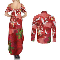 Hawaiian and Japanese Culture Together Couples Matching Summer Maxi Dress and Long Sleeve Button Shirt Red Ohia Lehua Plumeria and Sakura Blooming - Polynesian Pride