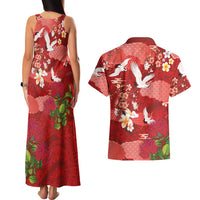 Hawaiian and Japanese Culture Together Couples Matching Tank Maxi Dress and Hawaiian Shirt Red Ohia Lehua Plumeria and Sakura Blooming - Polynesian Pride