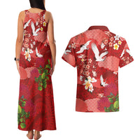 Hawaiian and Japanese Culture Together Couples Matching Tank Maxi Dress and Hawaiian Shirt Red Ohia Lehua Plumeria and Sakura Blooming - Polynesian Pride