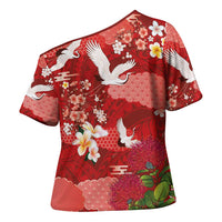 Hawaiian and Japanese Culture Together Cross Shoulder Shirt Red Ohia Lehua Plumeria and Sakura Blooming - Polynesian Pride