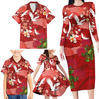 Hawaiian and Japanese Culture Together Family Matching Long Sleeve Bodycon Dress and Hawaiian Shirt Red Ohia Lehua Plumeria and Sakura Blooming - Polynesian Pride