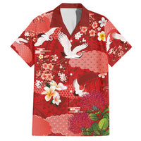 Hawaiian and Japanese Culture Together Family Matching Long Sleeve Bodycon Dress and Hawaiian Shirt Red Ohia Lehua Plumeria and Sakura Blooming - Polynesian Pride