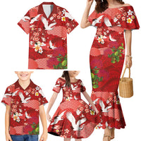 Hawaiian and Japanese Culture Together Family Matching Mermaid Dress and Hawaiian Shirt Red Ohia Lehua Plumeria and Sakura Blooming - Polynesian Pride