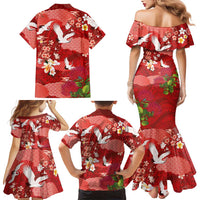 Hawaiian and Japanese Culture Together Family Matching Mermaid Dress and Hawaiian Shirt Red Ohia Lehua Plumeria and Sakura Blooming - Polynesian Pride