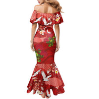 Hawaiian and Japanese Culture Together Family Matching Mermaid Dress and Hawaiian Shirt Red Ohia Lehua Plumeria and Sakura Blooming - Polynesian Pride