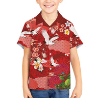 Hawaiian and Japanese Culture Together Family Matching Mermaid Dress and Hawaiian Shirt Red Ohia Lehua Plumeria and Sakura Blooming - Polynesian Pride