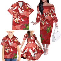 Hawaiian and Japanese Culture Together Family Matching Off The Shoulder Long Sleeve Dress and Hawaiian Shirt Red Ohia Lehua Plumeria and Sakura Blooming - Polynesian Pride