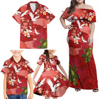 Hawaiian and Japanese Culture Together Family Matching Off Shoulder Maxi Dress and Hawaiian Shirt Red Ohia Lehua Plumeria and Sakura Blooming - Polynesian Pride