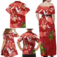 Hawaiian and Japanese Culture Together Family Matching Off Shoulder Maxi Dress and Hawaiian Shirt Red Ohia Lehua Plumeria and Sakura Blooming - Polynesian Pride