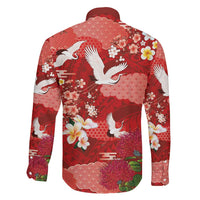 Hawaiian and Japanese Culture Together Family Matching Off Shoulder Maxi Dress and Hawaiian Shirt Red Ohia Lehua Plumeria and Sakura Blooming - Polynesian Pride