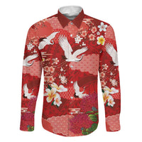Hawaiian and Japanese Culture Together Family Matching Off Shoulder Short Dress and Hawaiian Shirt Red Ohia Lehua Plumeria and Sakura Blooming - Polynesian Pride