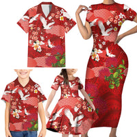 Hawaiian and Japanese Culture Together Family Matching Short Sleeve Bodycon Dress and Hawaiian Shirt Red Ohia Lehua Plumeria and Sakura Blooming - Polynesian Pride