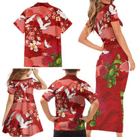 Hawaiian and Japanese Culture Together Family Matching Short Sleeve Bodycon Dress and Hawaiian Shirt Red Ohia Lehua Plumeria and Sakura Blooming - Polynesian Pride