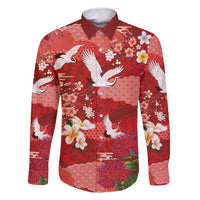 Hawaiian and Japanese Culture Together Family Matching Summer Maxi Dress and Hawaiian Shirt Red Ohia Lehua Plumeria and Sakura Blooming - Polynesian Pride
