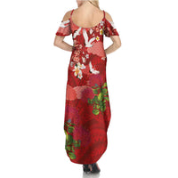 Hawaiian and Japanese Culture Together Family Matching Summer Maxi Dress and Hawaiian Shirt Red Ohia Lehua Plumeria and Sakura Blooming - Polynesian Pride