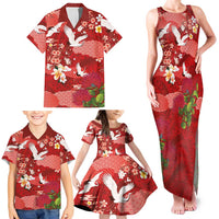 Hawaiian and Japanese Culture Together Family Matching Tank Maxi Dress and Hawaiian Shirt Red Ohia Lehua Plumeria and Sakura Blooming - Polynesian Pride