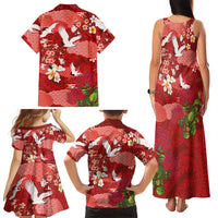 Hawaiian and Japanese Culture Together Family Matching Tank Maxi Dress and Hawaiian Shirt Red Ohia Lehua Plumeria and Sakura Blooming - Polynesian Pride