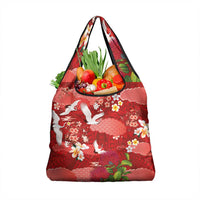 Hawaiian and Japanese Culture Together Grocery Bag Red Ohia Lehua Plumeria and Sakura Blooming - Polynesian Pride